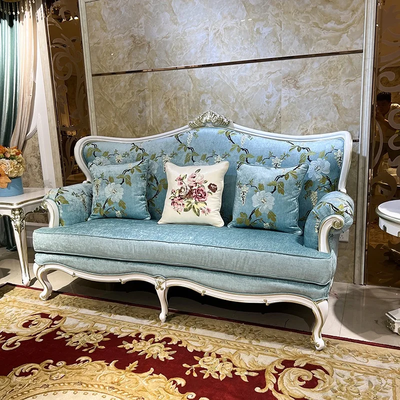European fabric sofa palace light luxury fresh embroidery living room solid wood carving flower sofa