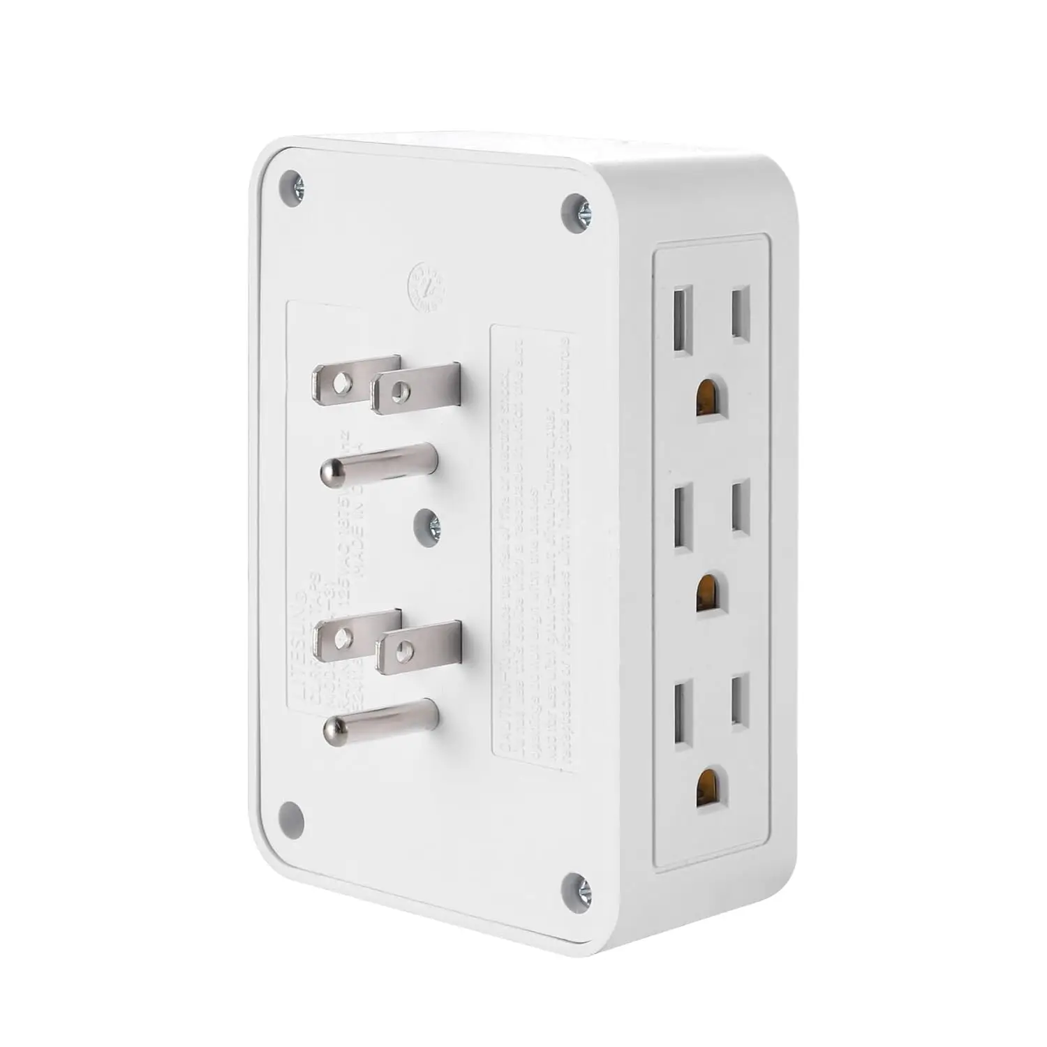 

6 Outlet Wall Adapter, UL Listed, 3-Prong Grounded, Side Access, White
