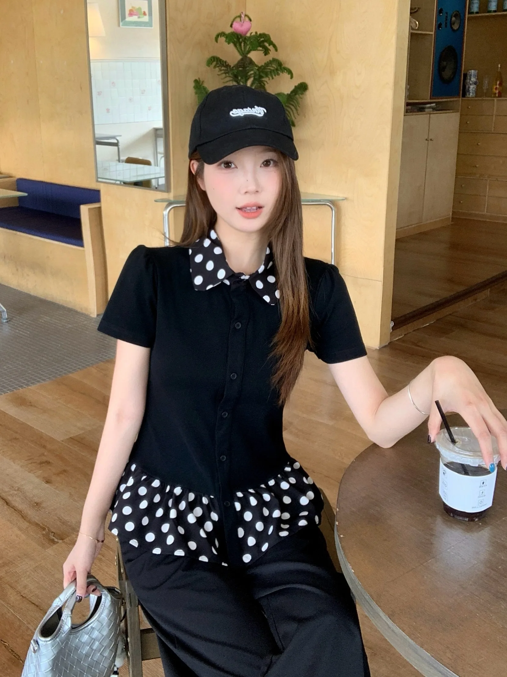 

plus Size Women's Retro Black And White Polka Dot Doll Collar Short Sleeve T-Shirt Slimming Waist Design Summer Fashionable Top