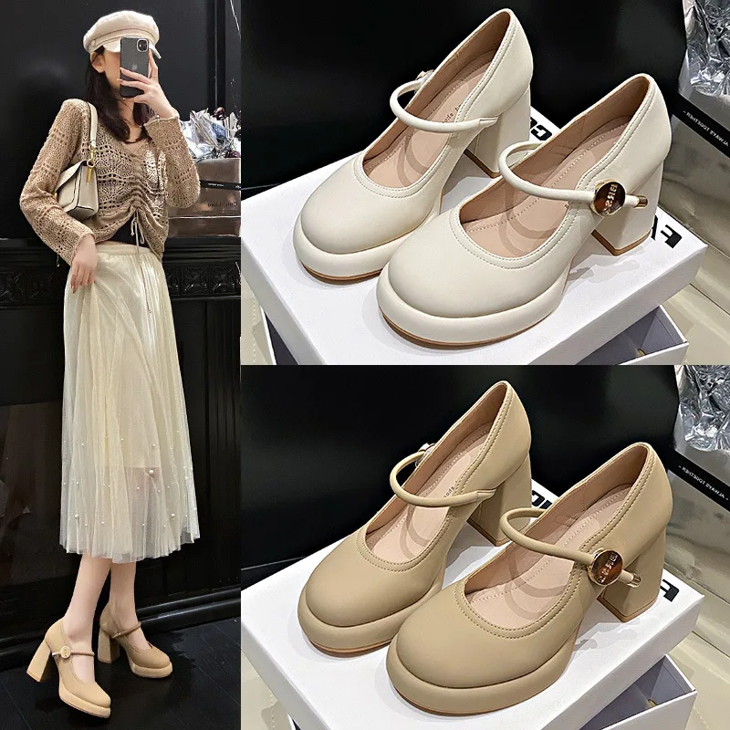 Shoes for Woman 2024 with Medium Heels Gothic Women's Summer Footwear Japanese Style Lolita Pearl Round Toe Mary Jane Platform