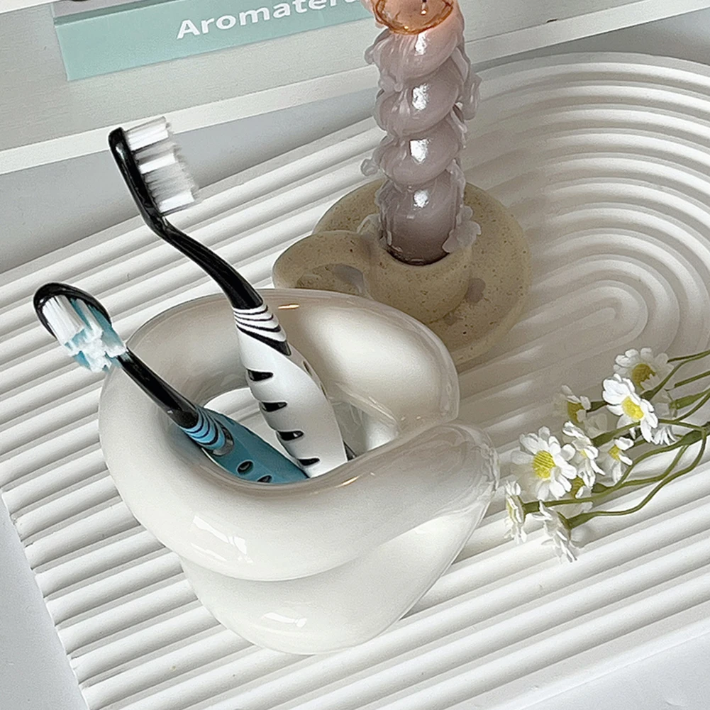 Soporte de cerámica para cepillo de dientes de baño, estante de almacenamiento con nudo de cuerda, organizador de maquillaje, decoración nórdica del hogar