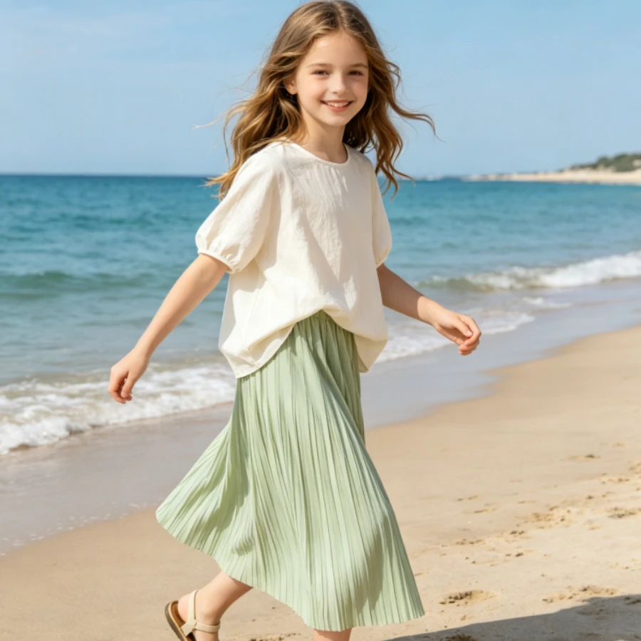 Little Girls Solid Pleated Skirt Flowy A Line Long Skirt Kids Casual Versatile Daily School Holiday Street Wear Children Bottoms