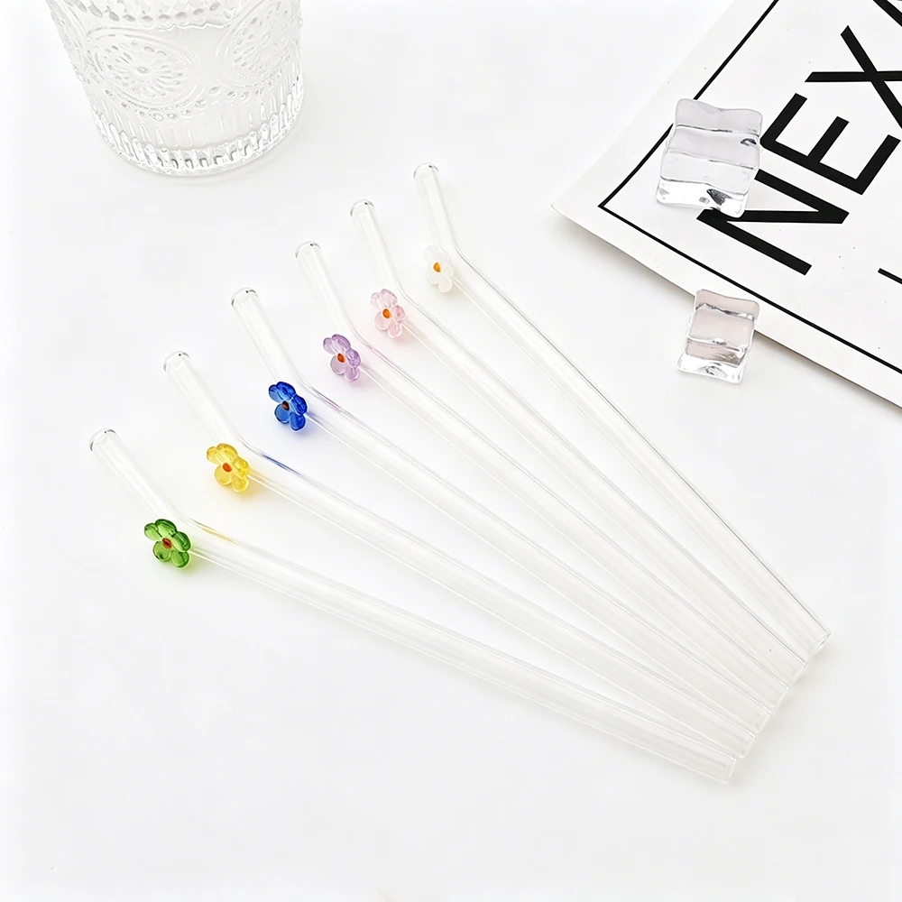 6Pcs Flower Drinking Straw Set High Borosilicate Glass Straws Set with 2 Brush Milk Shake Coffee Cocktail Straw Bar Drinkware