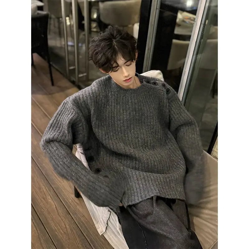 cleanfit dark gray pit pattern sweater men's winter heavyweight lazy style buttoned sweater niche splicing sweater y2k ins emo