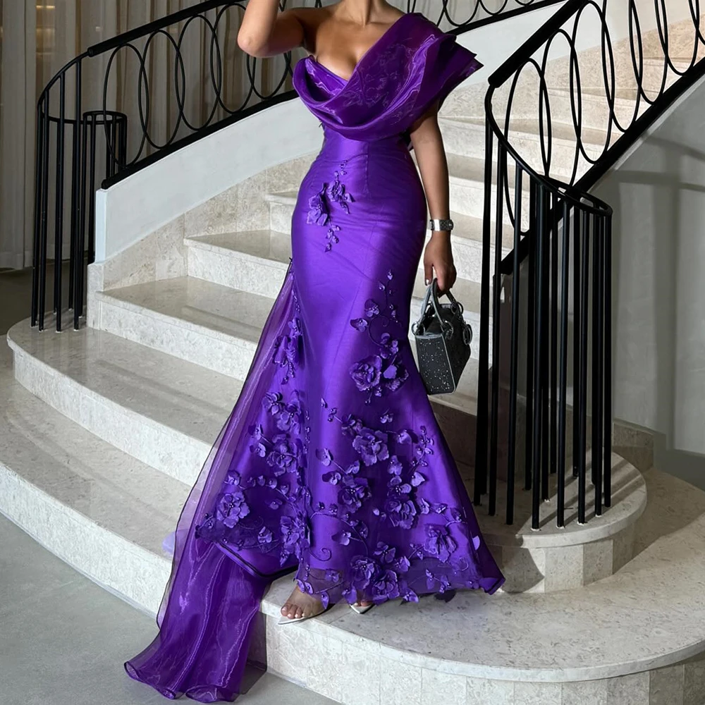 

Exquisite Panel Train One Shoulder Pleats Appliques Evening Dresses Elegant Mermaid Short Sleeves Purple Party Gowns فساتين سهرة