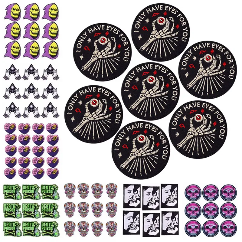 10PCS Wholesale Horror Skull Embroidered Patches For Clothing Thermoadhesive Patches For Clothes Punk Stripe Iron On Patch Badge