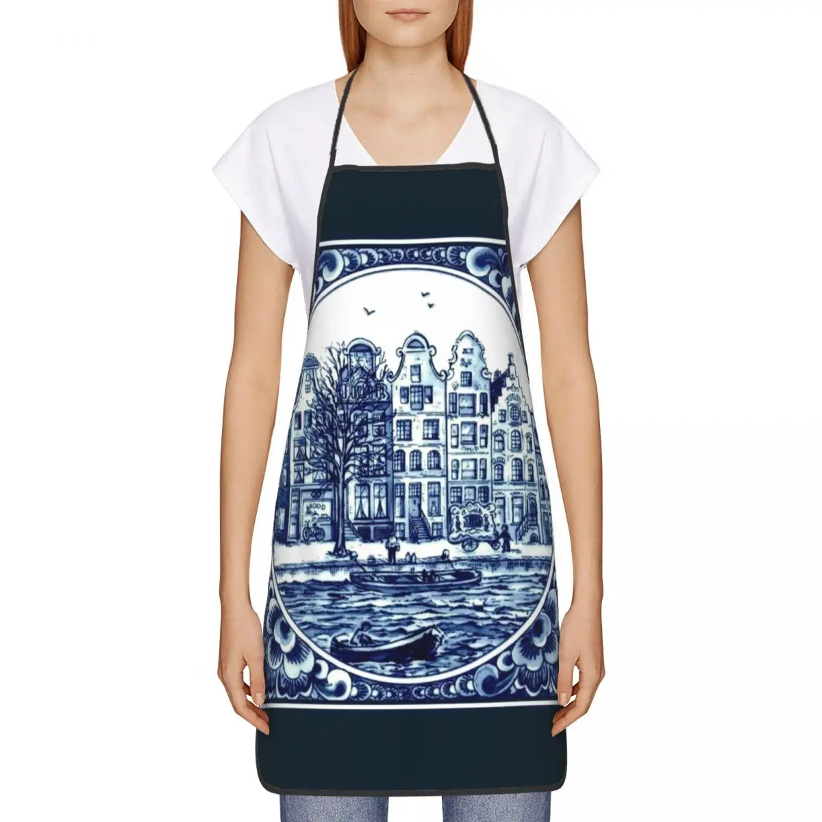 Custom Dutch Blue Delft Vintage Boats Print Aprons for Men Women Adult Unisex Chef Bib Tablier Cuisine Cooking Baking Gardening