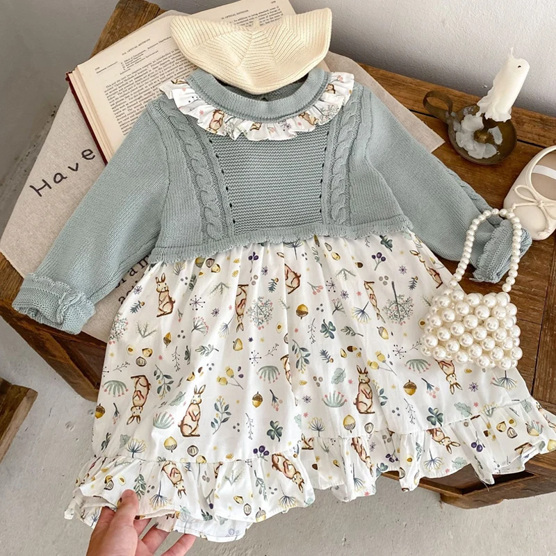 Autumn new baby clothing, girls aged 0-5, embroidered lace collar, bubble long sleeves, pit stripe, name lady long skirt