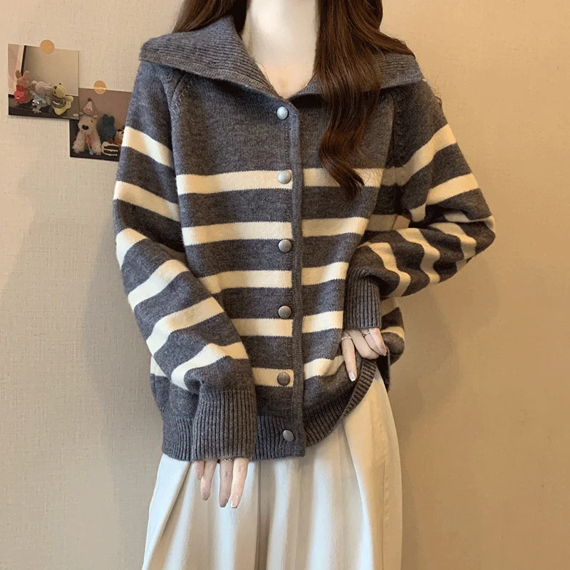 

Women's Clothing Striped Loose Sweaters Autumn/Winter Long Sleeve Casual Knit Cardigan Lady Basic Turn-down Collar All-match Top