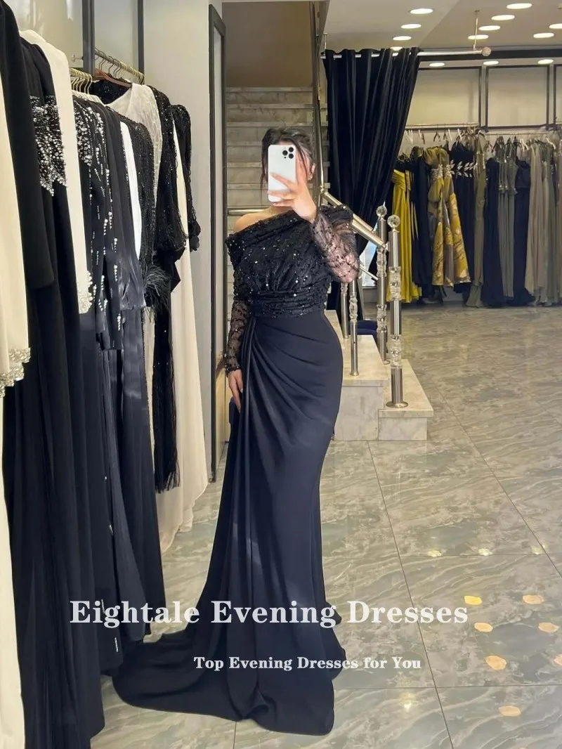 Eightale อาหรับชุดราตรีที่กําหนดเองหนึ่งไหล่เลื่อมลูกไม้ยืด Navy Blue Mermaid Prom Gowns งานแต่งงาน
