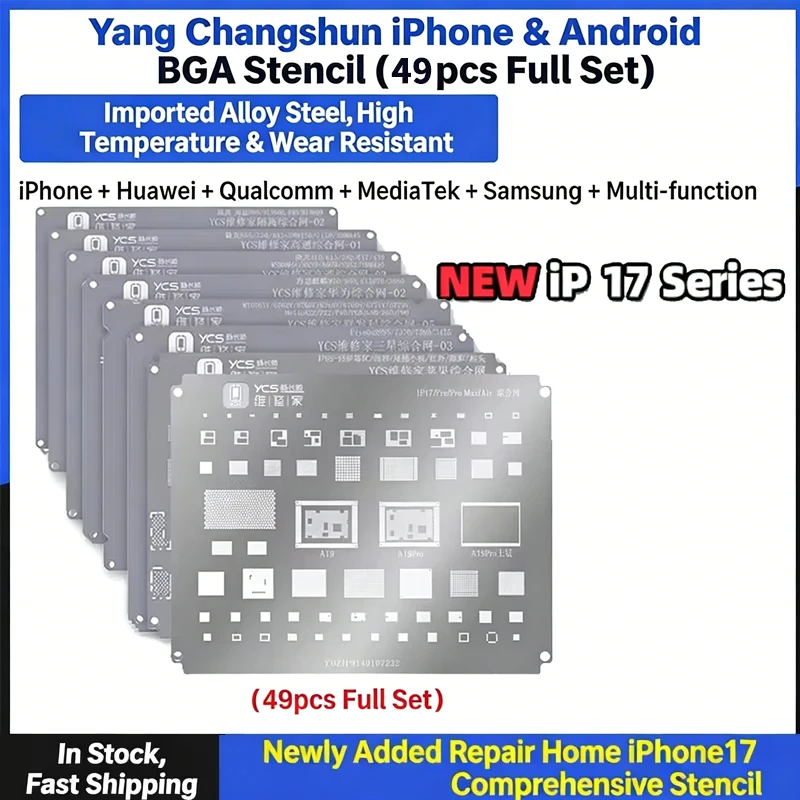 YCS 49PCS Universal BGA Reballing Stencil Set, Tin Planting Steel Net for iPhone Android CPU Repair Tools