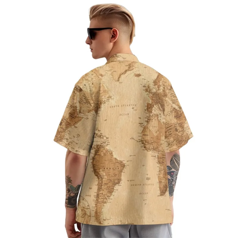 Hawaiian Style World Map Print Yellow Shirt Men's Chest Pocket Shirt Casual Short Sleeve Daily Smart Business Shirt For Men