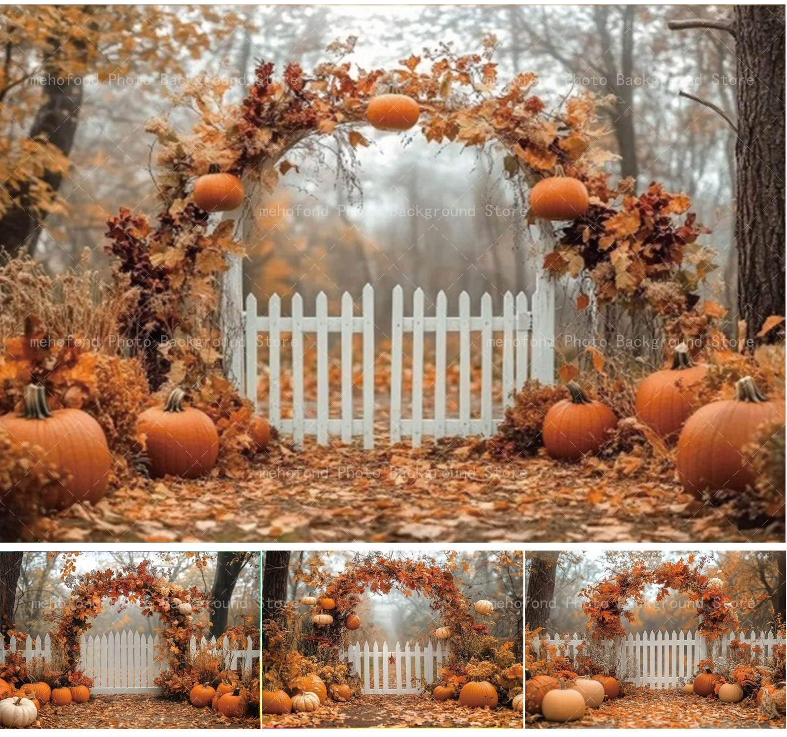 Mehofond Autumn Photography Background White Fence Fall Pumpkin Flowers Maple Kids Family Portrait Photozone Decor Backdrop