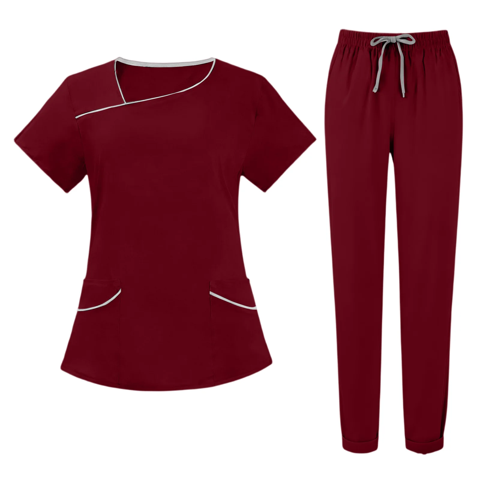 Женский комплект скрабов для медсестры, асимметричный вырез, короткий рукав, разноцветные длинные брюки с контрастными карманами, медицинская уютная профессиональная спецодежда