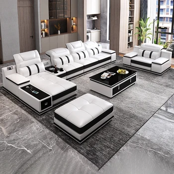 ห้องนั่งเล่นโซฟาหนังแท้ทันสมัย By MANBAS - โซฟาอิตาลีมีสไตล์พร้อมลําโพง Bluetooth, USB และพนักพิงศีรษะแบบปรับได้