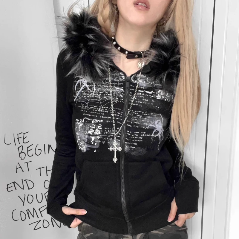 الأمريكية الرجعية الفراء المرقعة الجرونج هوديس المرأة خمر القوطية طباعة مقنعين زمم بلوزات Harajuku الجمالية Y2k سترة #1