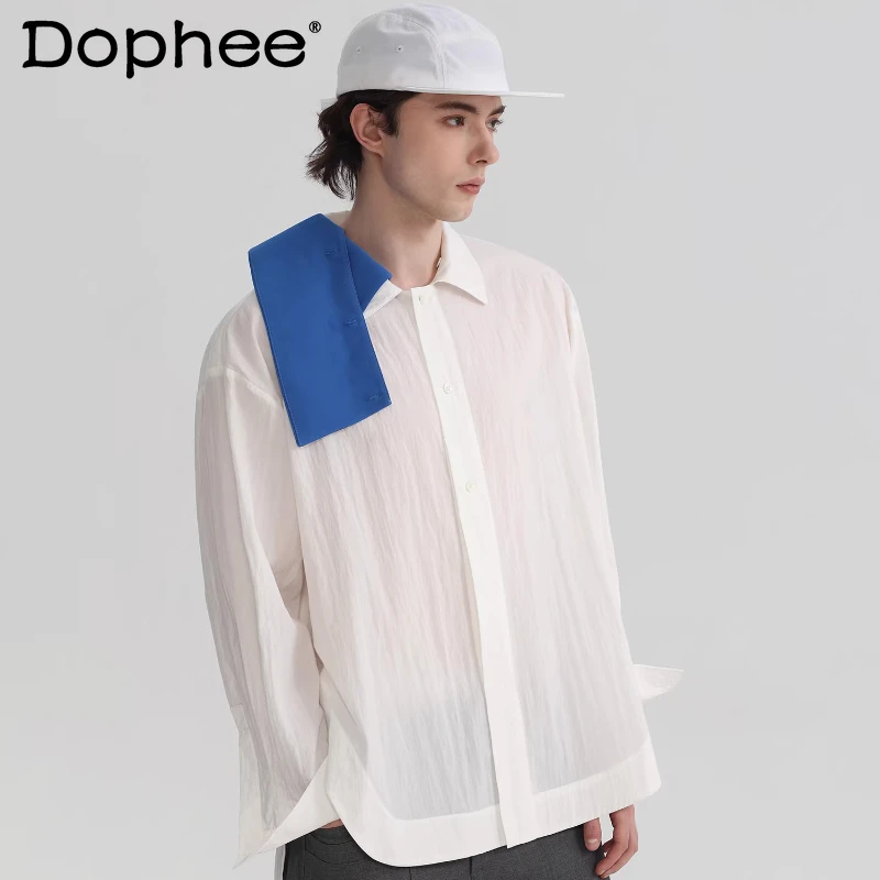 

Fashion Detachable Double Collar Shirts Men's 2026 Spring New Comfort Long Sleeve Chic Shirts Male Trendy Simple Breathable Tops