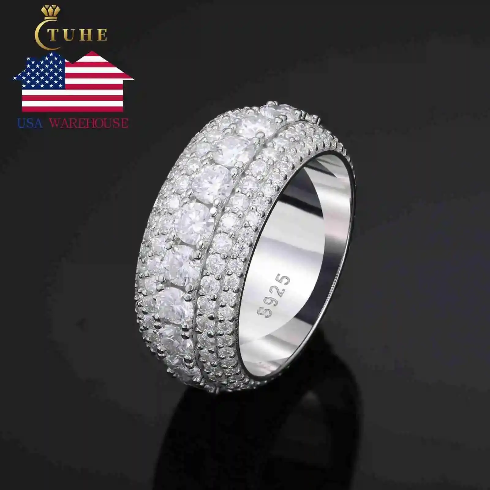 

USA Warehouse Bling Fine Jewelry Gold Plated 925 Sterling Silver 5 Rows VVS Moissanite Diamond Wedding Band Ring for Men