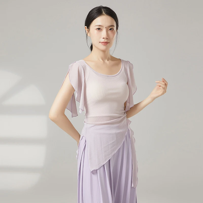 

Танцевальный топ для женщин, классический костюм, блузка с коротким рукавом из сетчатой ткани, асимметричный подол, тонкая китайская сценическая одежда для танцев