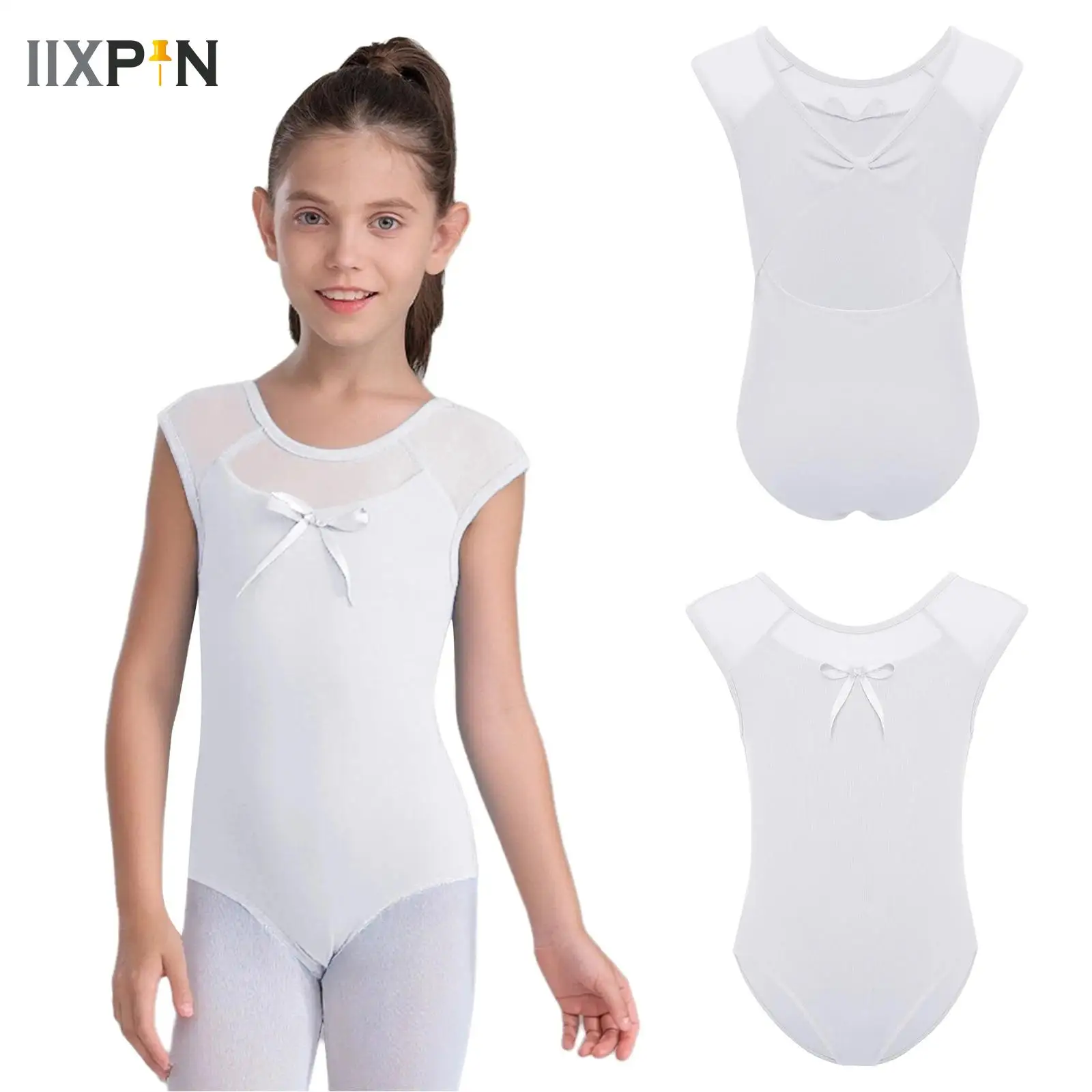 

Children Ballet Leotard Girl Mesh Patchwork Knot Cutout Back Dance Leotard Gymnastics Bodysuit Mesh Dance Costumes Skate Wear