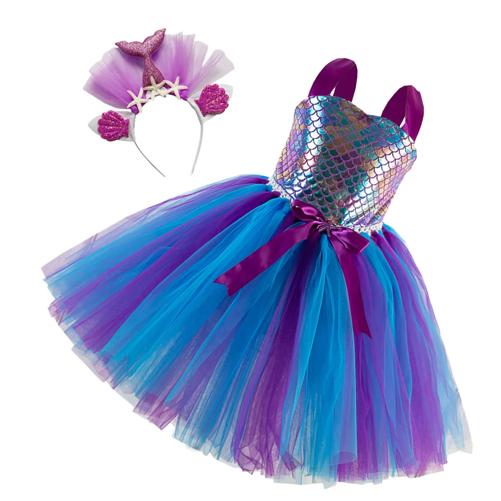 Wedding Guest Dress Girls Kids Costume with Headband Mermaid Children Skirt Birthday Party