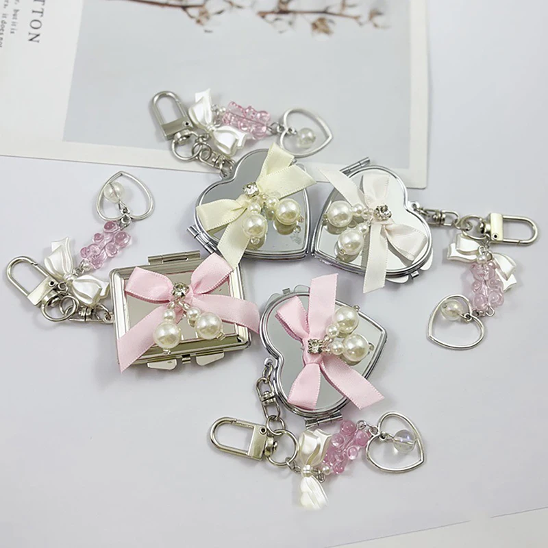 Pearl Bowknot Metal Keychain With Heart Shaped Mirror INS Style Bag Keyring Sweet Fashion Earphone Camera Pendant Gift