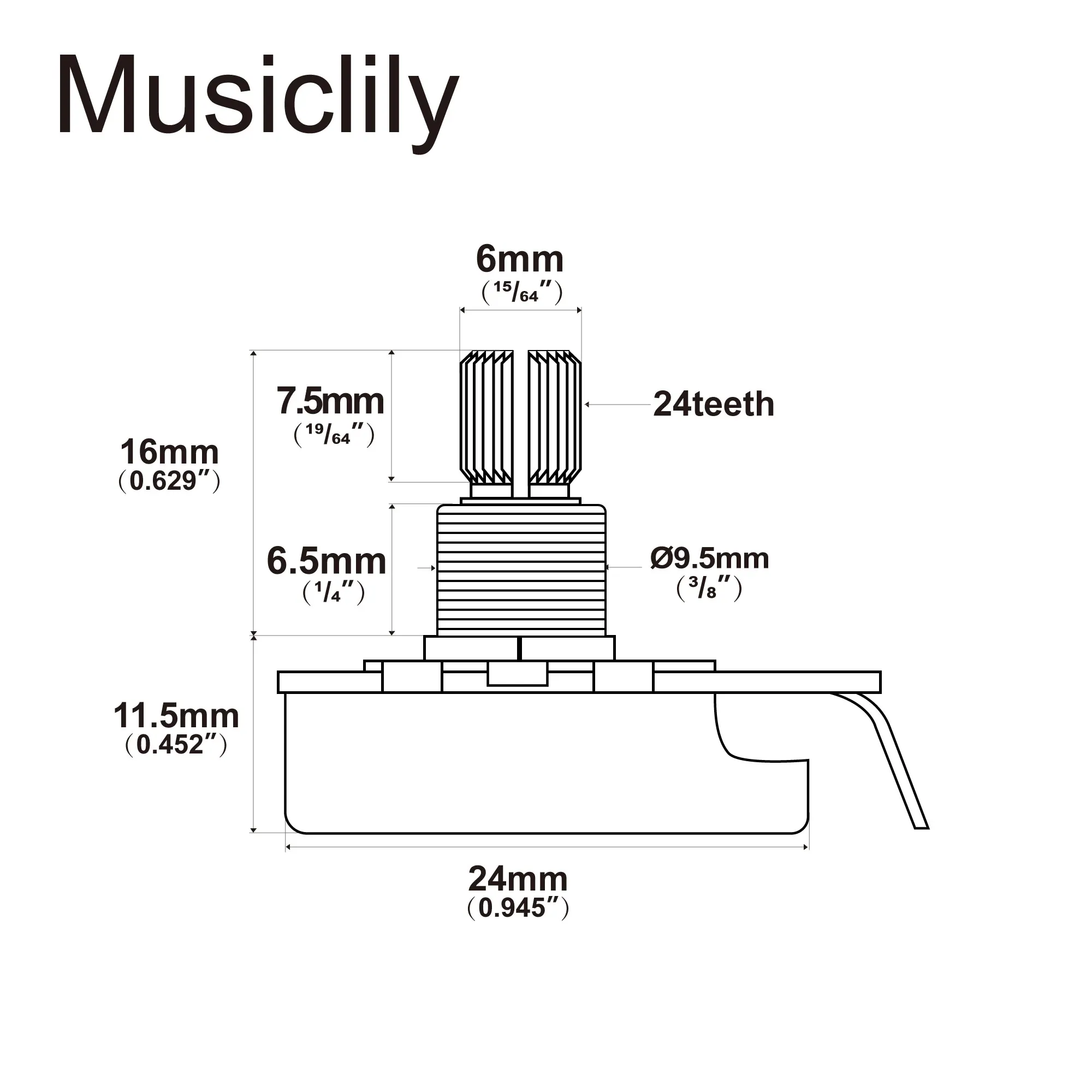 Musiclily Pro HD A250K/B250K/A500K/B500K/A1M/B1M Full Brass Pot Inch Size Fine 24-Spline Split Short Shaft Potentiometers