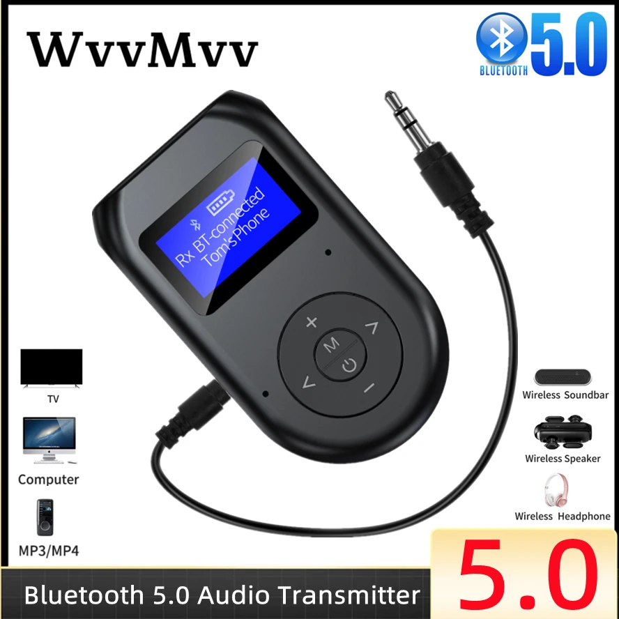 Bluetooth 5.0 Audio Transmitter Receiver 3.5mm Jack AUX Wireless Audio Adapter LCD Display With Mic for TV Speaker Car Stereo