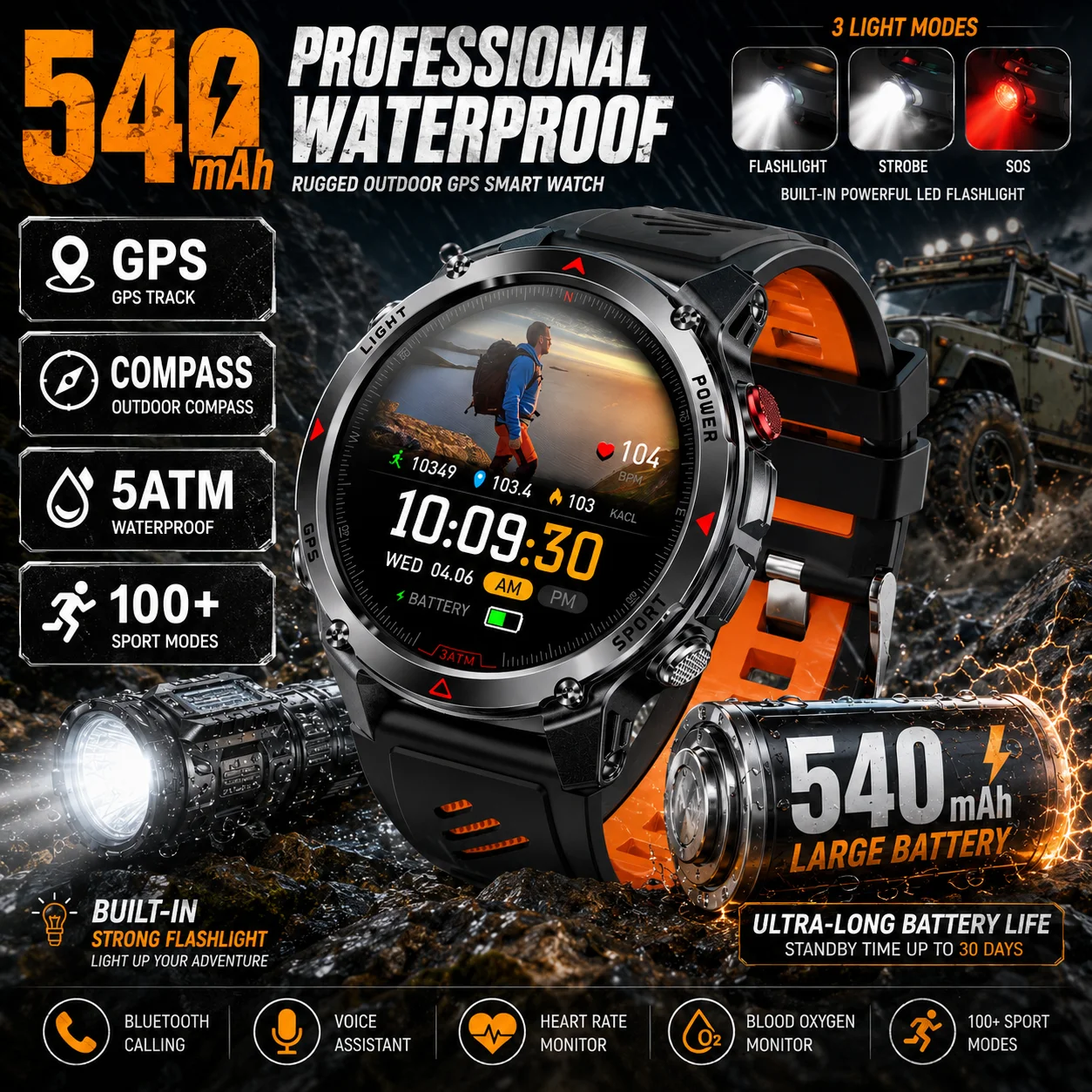 LIGE Neue Militär-Smartwatch mit 540mAh Akku für Herren, 5ATM wasserdicht, Outdoor-Kompass, GPS-Sport-Tracker, Smartwatch für Android iOS.