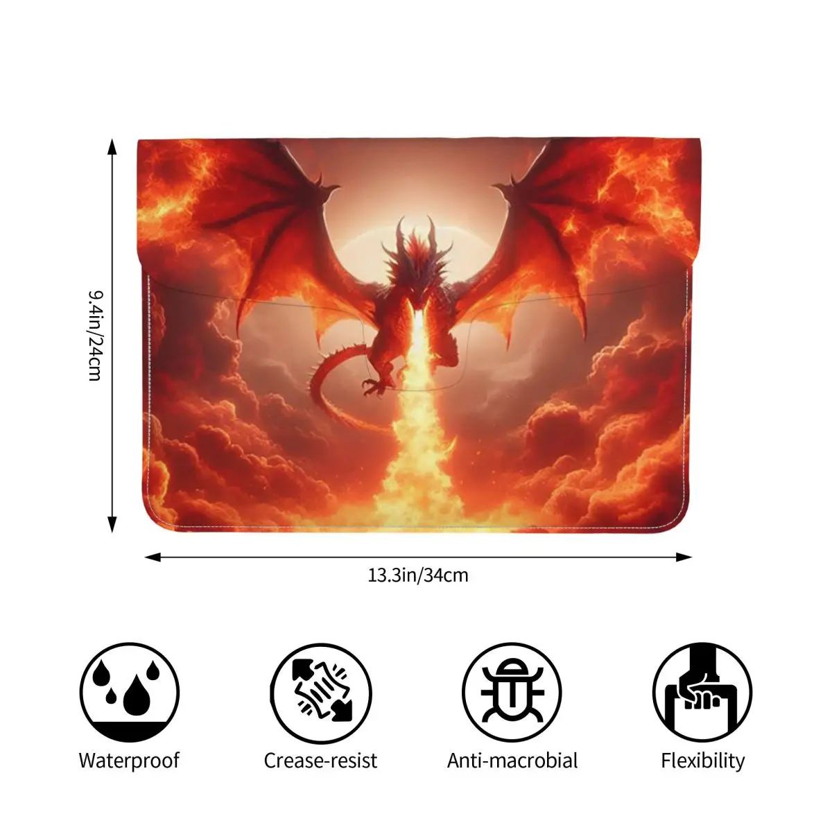 Dragon In The Fire PU Leather Horizontal Laptop Sleeve Shockproof Soft Lining Notebook Case 13 Inch