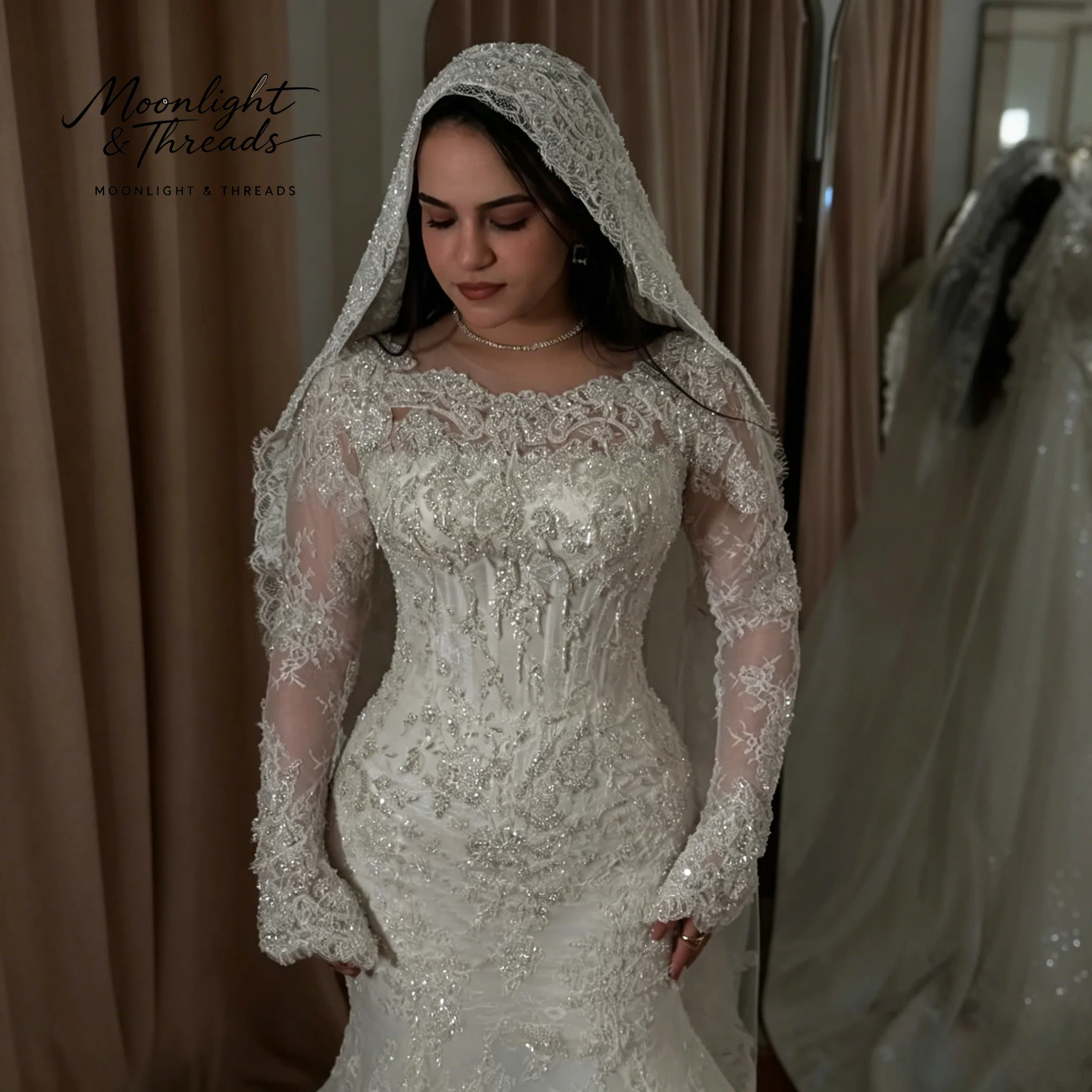 Silver Long-Sleeve Round-Neck Mermaid Wedding Dress with Long Train Beaded Exquisite Fit And Flare Gown