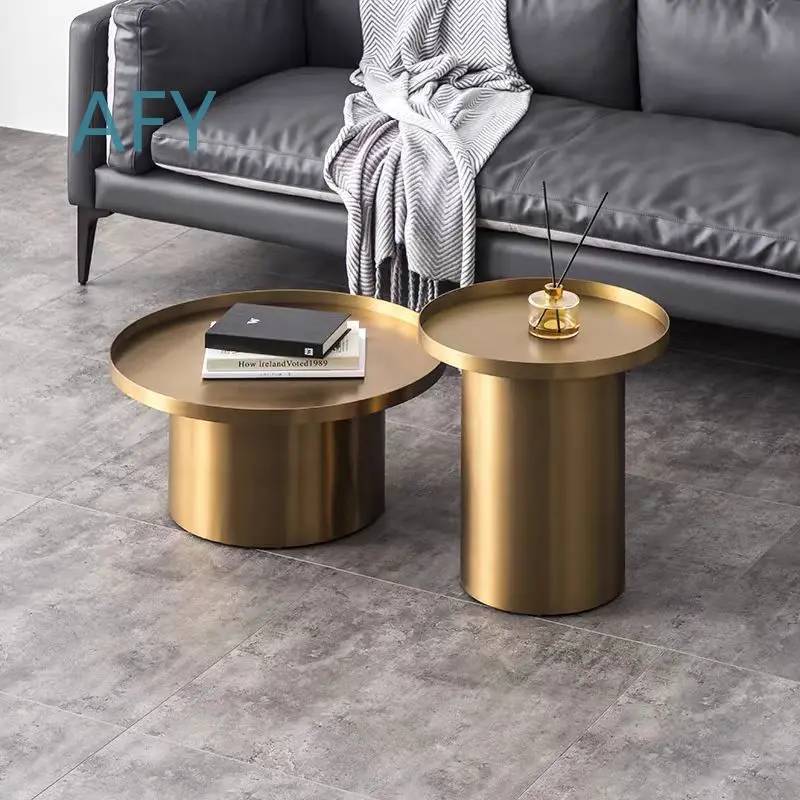 Modern Minimalist Luxury Coffee Table Set for Living Room Round Side Table with Stainless Steel Metal Frame for Contemporary