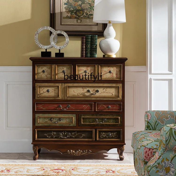 

American nine-chest cabinet solid wood porch drawer art dining side storage and finishing cabinet painted cabinet