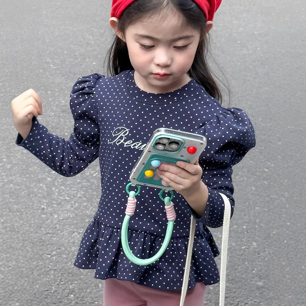 

2025 Autumn New Girls Puff Sleeve Bottoming Shirts Cotton Children T Shirts Letter Print Baby Girl Cute Polka Dot O-neck Tops
