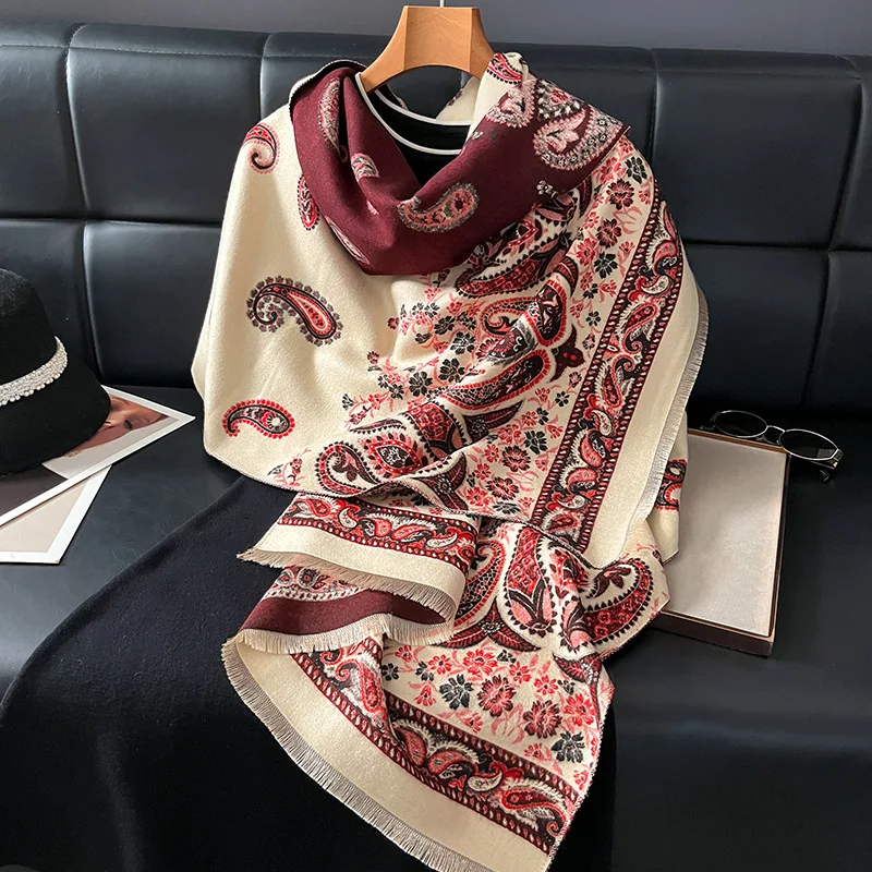 

New cross-border double-sided scarf for women, imitation cashmere, thick and warm, fashionable printed with paisley pattern