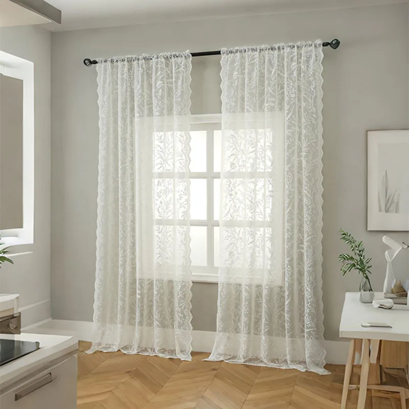 French Romantic Matcha Lace Curtain Transparent Jacquard Sheer Window Screening 2Pcs Bedroom Bay Window Balcony Voile Curtains