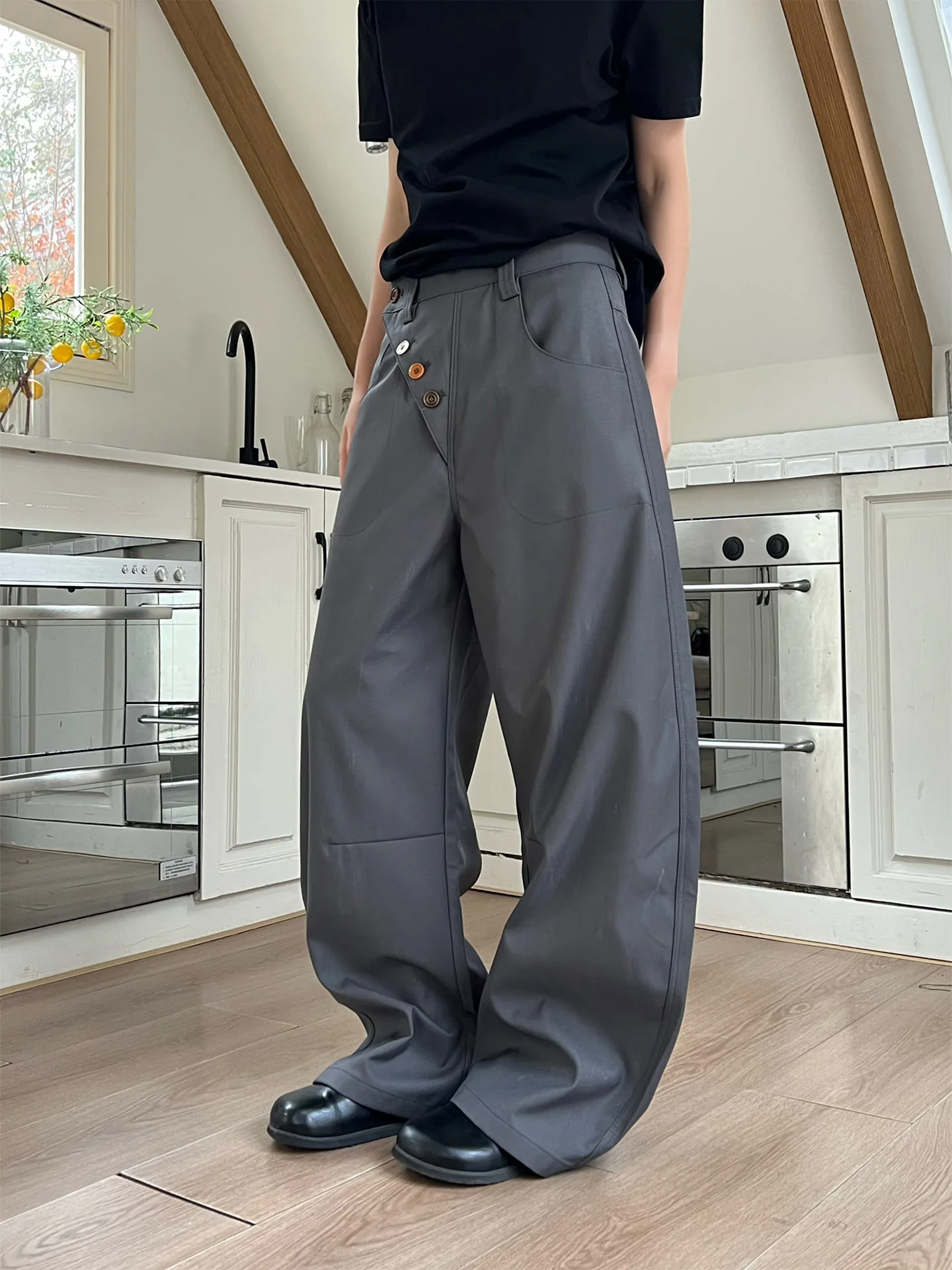 

Брюки-смокинг с высокой талией для мужчин и женщин, повседневные, с косой застежкой, свободные, широкие, слегка укороченные, с зауженным кроем