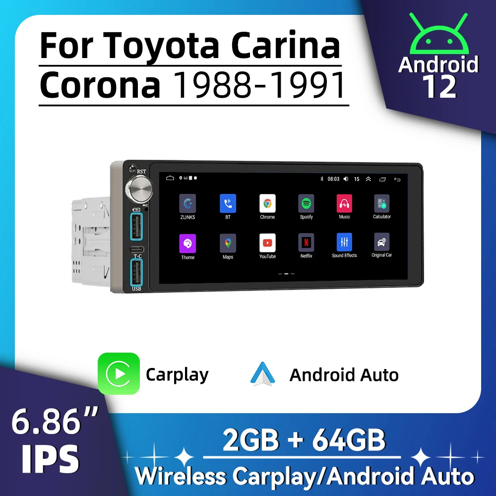 Pantalla de 6,86 "Android Multimedia para coche Toyota Carina Corona 1988-1991 1 Din Radio estéreo unidad principal Carplay GPS Autoradio Auto