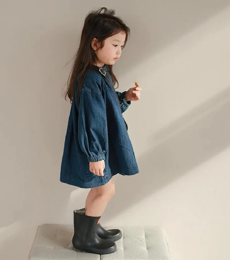 Summer Spring Baby and Girls Cotton Plain Loose Single-Breasted Denim Dress School Kids Sweet Skirt Children Outfit Tops 2-8Yr