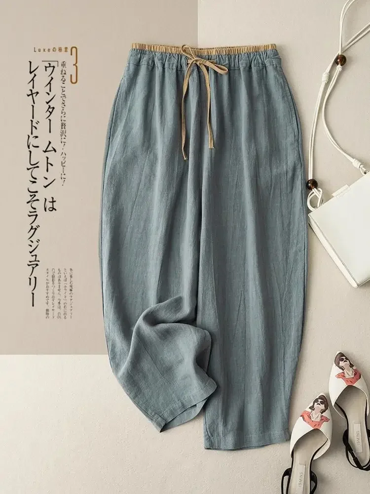 Elastic Drawstring Waist Casual Pants Summer Retro Cotton Linen Loose Harem Pants Basic Versatility Wide-leg Ankle-Length Pants