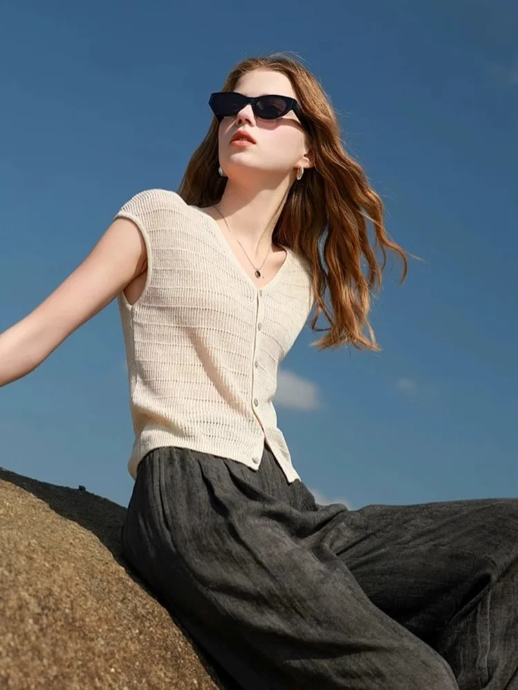 

Дышащий вязаный кардиган Lazy Sle на одной пуговице из ледяного шелка ort Sve Open Top Commute Faion Простая корейская версия V-ne