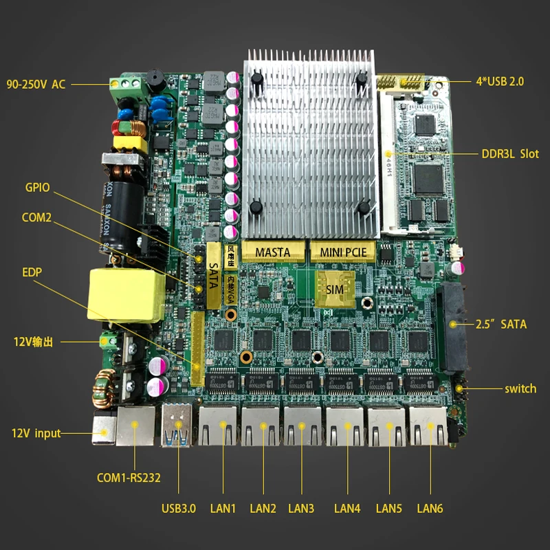 6 LAN Motherboard with intel core i7 7500U or 3865U CPU mainboard for servers industrial computer