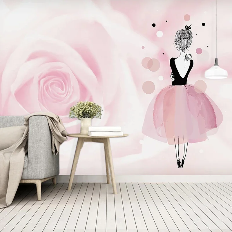 Custom Photo 3D Pink Rose Flower Ballet Girl Large Mural Wallpaper For Kids Room Princess Room Bedroom Decor Wall Painting
