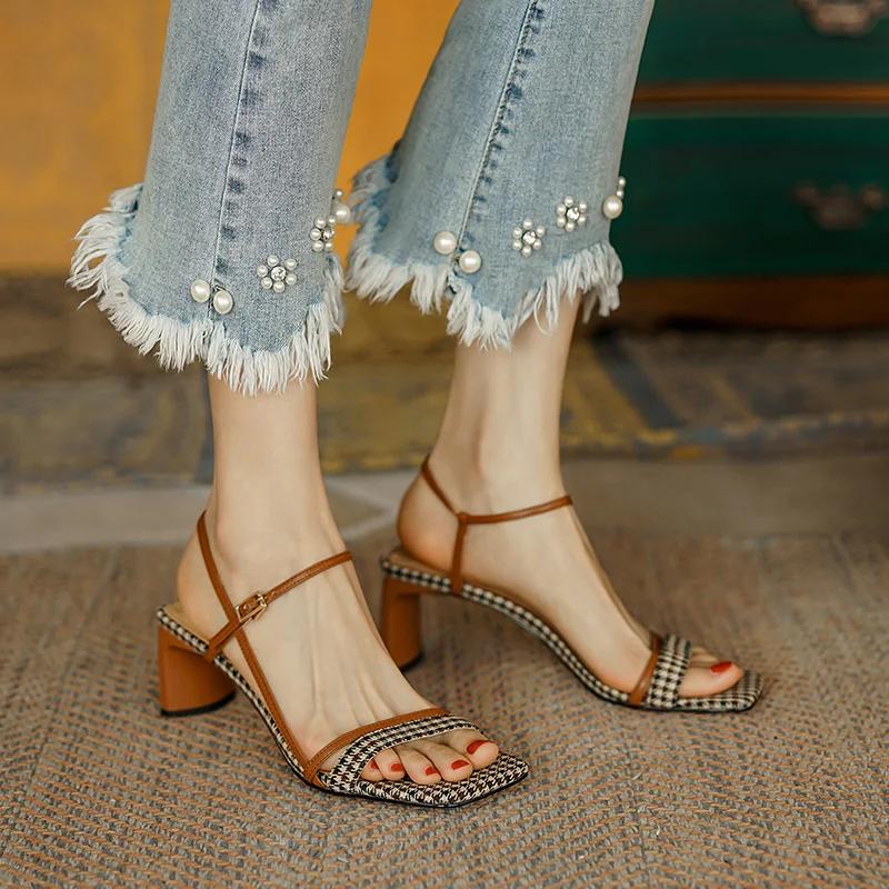 2024 Summer Women Sandals Open Toe Women Shoes Elegant High Heels Genuine Leather Shoes for Women Party Shoes