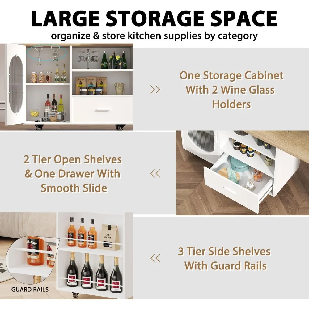 جزيرة مطبخ متدحرجة بيضاء حديثة مع طاولة دوارة وخزانة تخزين وأدراج ورفوف