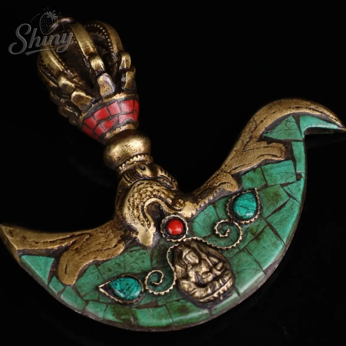 

Tibetan Brass Buddhist Red Coral Turquoise Dorje Ax Phurpa Pestle Vajra Amulet