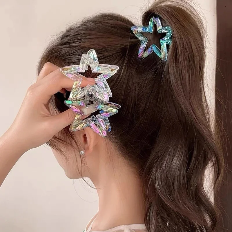 

Glittering Openwork Star Shark Clip Sweet Half-Up Hair Clip Adorable Five-Pointed Star Ponytail Clip Fashionable Hair Clip