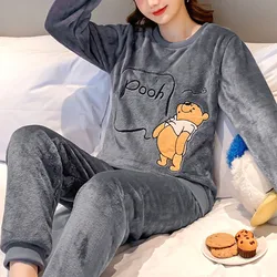 Thickened Warm Sleepwear for Winter Flannel Sleep Round Neck Student Loungewear Two-Piece Set Cartoon Bear Women's Pajamas Solid