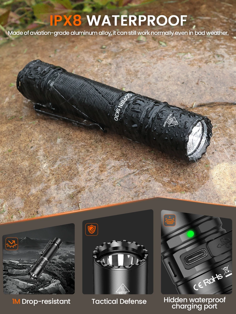 Neue SOFIRN SK30 2800LM Taktische Taschenlampe SFT70 LED-Licht 6500K 21700 USB-C Wiederaufladbare Taschenlampe mit Doppelschalter – Detail 8