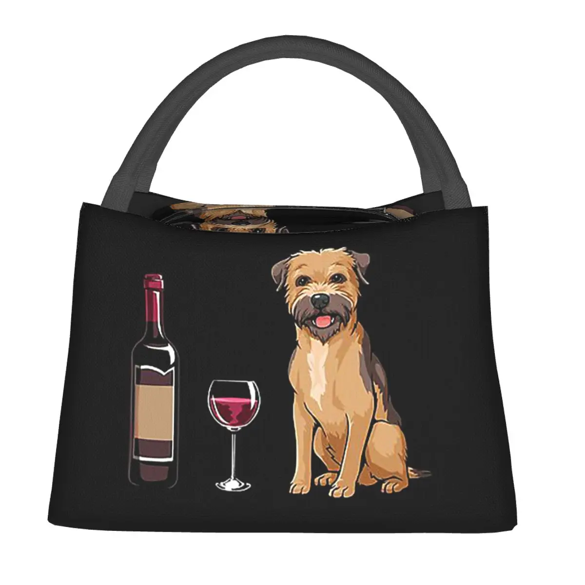 Border Terrier And Wine Funny Dog Lunch Bags Insulated Bento Box Lunch Tote Picnic Bags Cooler Thermal Bag for Woman Kids School